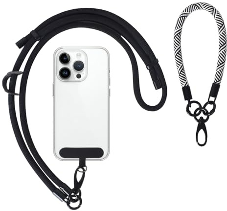 Rylae Conjunto de Dos Piezas de Cordón/Collar Universal para Teléfono, Ajustable y con Dos Espaciadores, Se Puede Llevar En la Mano o Cruzado, Compatible con Todos Los Smartphones, Color Negro