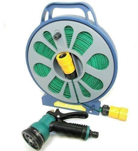 OnlineDiscountStore 50FT Black Flat Garden Hose Pipe & Reel with Spray Gun - 15M Outdoor Hose Pipe