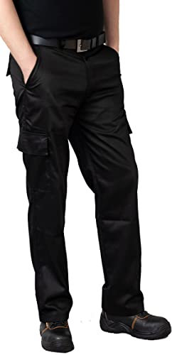Ranger Cargo Work Trousers, Combat Style Tactical Work Pants in Black & Navy Blue. Built for Tradesmen, Ideal for Storing Tools, Designed with Maximum Durability. (Black 34 S)
