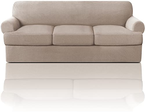 PrinceDeco T Cushion Sofa Slipcover 4 Pieces Sofa Covers for T Cushion Couch Soft Sofa Slip Covers Furniture Protector with 3 Individual T Shape Seat Covers Width Up to 88 Inch, Sand