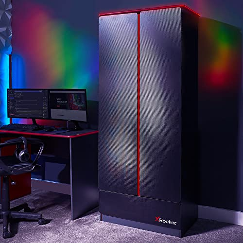 X-Rocker Carbon-Tek 180cm x 80cm, RGB LED 2 Door Wardrobe - Neo Fibre Lighting, Clothes Hanging Rail, Storage Shelf, Bottom Drawer, Durable Wooden Frame for Kids & Teens - Grey & Red
