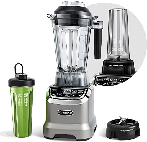 AMZCHEF 2 IN1 Mixer Hochleistungsmixer mit 1850-ml- und 600-ml-Behälter für Zwei Mixmodi | Standmixer 1800 Watt mit stößel und 6 Profi Klingen 22000 Umdrehungen - Grau