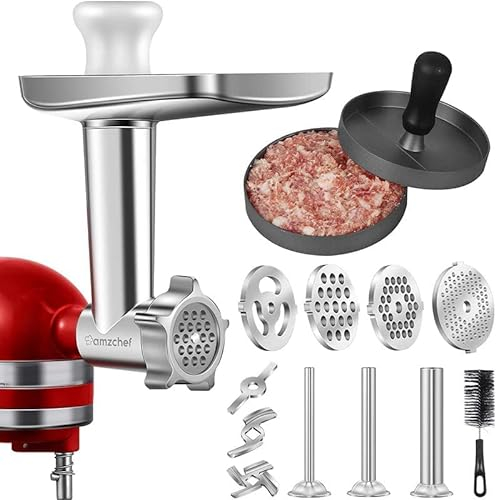 Meat Grinder Attachment for Kitchenaid Stand Mixer, AMZCHEF Metal Kitchen Aid Accessories Included 3 Sausage Stuffer Tubes,1 Holder, 4 Grinding Plates, 2 Grinding Blades, Burger Press, Without Machine