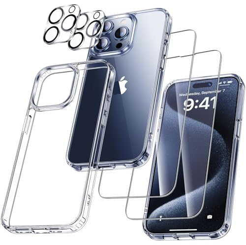 UniqueMe für iPhone 15 Pro Max Hülle, 5-in-1-Set Handyhülle für iPhone 15 Pro Max Case Rundumschutz Schutzhülle Cover, 1 Handyhülle & 2 Schutzfolie & 2 Kameraschutz - Transparent