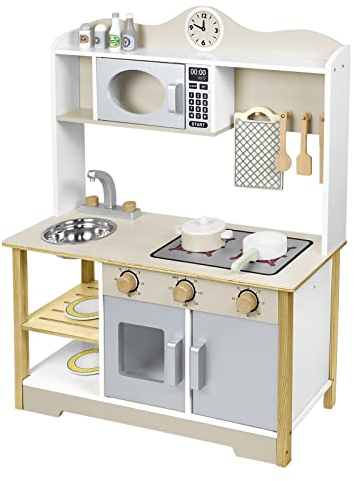 Aufun Spielzeugküche Holz, Holzküche mit Küchengeräten inkl. 14 Spielzeug Nahrungs- und Kochgeschirr Zubehör, Spielzeug für Kinder ab 3 Jahren, 68 x 26 x 78 cm