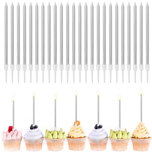 FIHODONE 24 Stück Geburtstagskerzen,Kerzen Geburtstag Geburtstagskerzen für Torte,Kerzen Verzieren Mädchen Junge, Geburtstagsdeko Hochzeit Party Kuchen Dekorationen (Silber)
