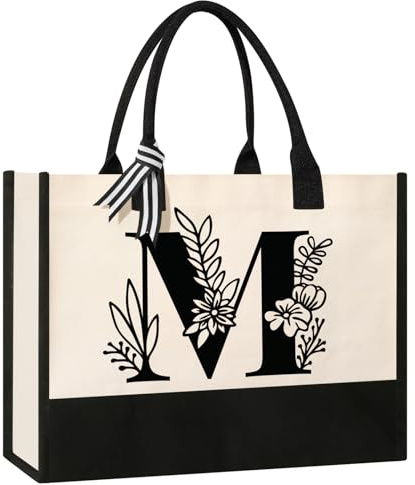 Tecanne Personalized Initial Canvas Tote Bag, Cosmetic Bags, Suitable for Birthday, Wedding, Beach, Holiday, Great Birthday Gifts for Women, Mom, Teachers, Nurses, Best Friends, Bridesmaids (M)