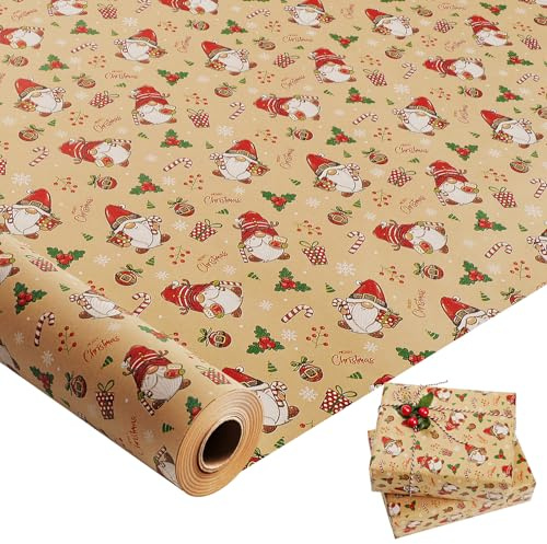 44cm×15M Christmas Wrapping Paper Roll,Recyclable Kraft Wrapping Paper Printed with Santa Claus for Birthday Xmas Party Gift Boxes Present Decorations