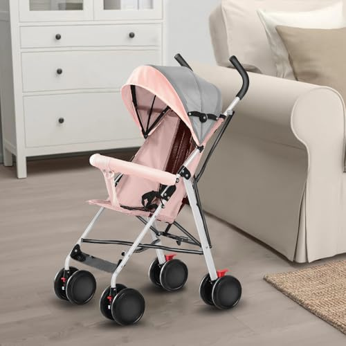 4 Kinderwagen mit leichter Struktur, Korb mit mehreren Positionen, kompakt und leicht, von 6 Monaten bis 4 Jahren bis 25 kg, Fußstütze, verstellbares Verdeck, mit großem Korb D-rosa