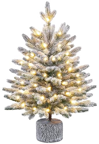 Yaheetech 61 cm Mini Künstlicher Weihnachtsbaum mit Schnee, Eingetopfter Tannenbaum mit 35 LEDs in Warmweiß und 262 Spitzen, Schneebedeckter Beflockter Kleiner Christbaum