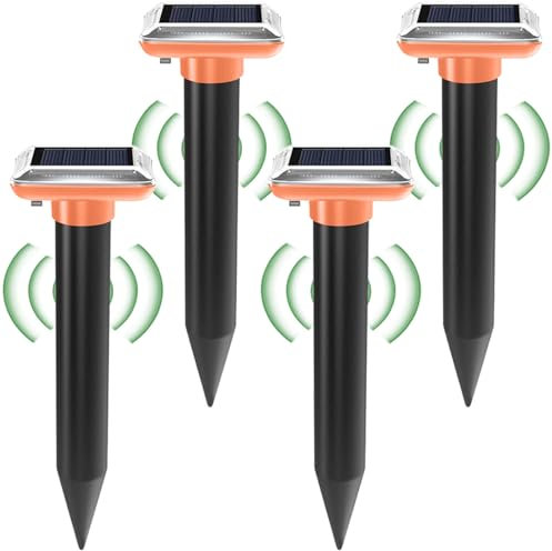 Solar Maulwurfschreck, 4 PCS Maulwurf Vertreiber, Wühlmausschreck Ultraschall Wühlmäuse zu Vertreiben, IP66 Wasserdicht und Staubdicht, Maulwurfvertreiber,Schlagenabwehr für Den Rasen Garten (Orange)
