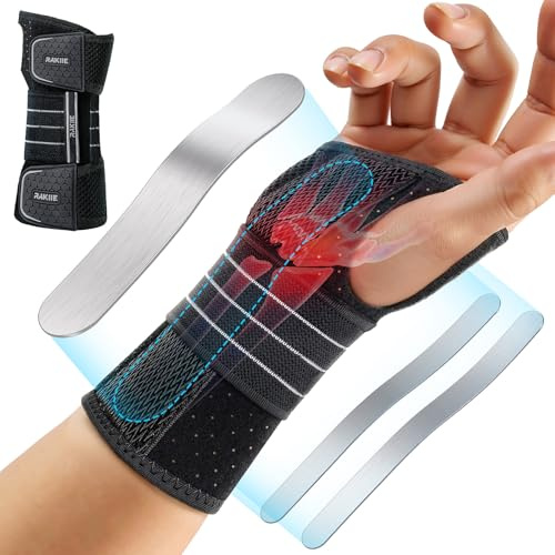 Rakiie Soporte de muñeca, vendajes de muñeca ajustables con 3 férulas metálicas, vendaje de muñeca para hombre y mujer, sin presión en el pulgar, estabilizador con férula, Gris, Mano derecha, L