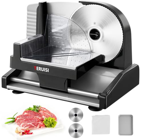 TERUISI Meat Slicer, 200W Electric Deli Food Slicer with 2 Removable 7.5'' Stainless Steel Blades and Tray, 0-15mm Adjustable Thickness For Home Use, Easy to Clean, Cuts Meat, Bread and Cheese