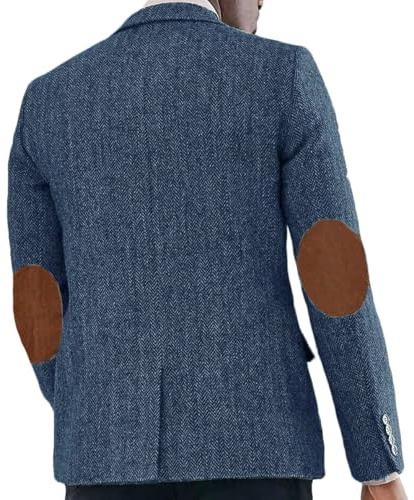 Men‘s Herringbone Blazer with Faux Suede Elbow Patches Textured Tweed Sport Coat Vintage Academic Casual Jacket Blue M