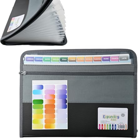 13 Pockets Expanding File Folder with Zipper Closure,A4 Paperwork Organiser Accordion,Waterproof Plastic Document Folder with Handy Front Pocket and Colored Tags for Office and School