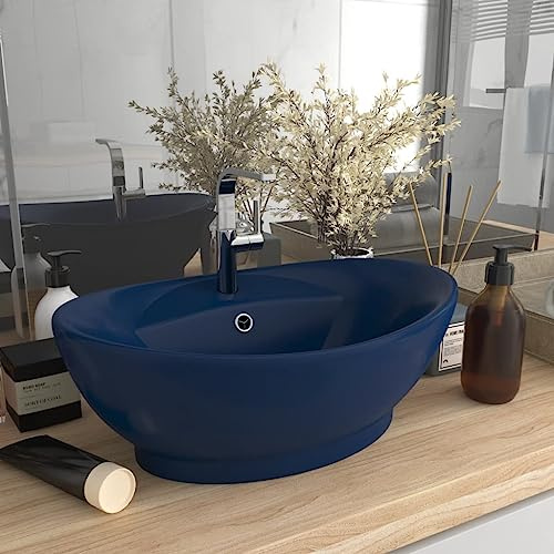 Vasque with Céramique, design luxueux, vasque à poser salle de bain, lavabo salle de bain, meuble vasque salle de bain, lave main, bleu foncé mat, 585 x 390 x 210 mm
