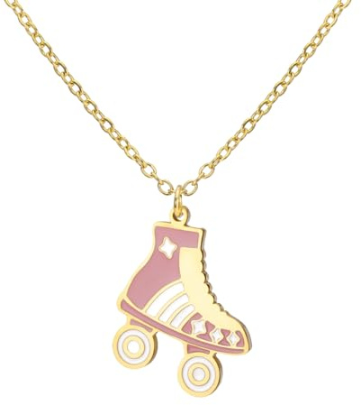 Dreamtimes Collar con colgante de patinaje sobre ruedas, collar colorido de acero inoxidable, colgante deportivo, joyería inspiradora, regalo para mujeres amantes del patinaje (Rosa-O)
