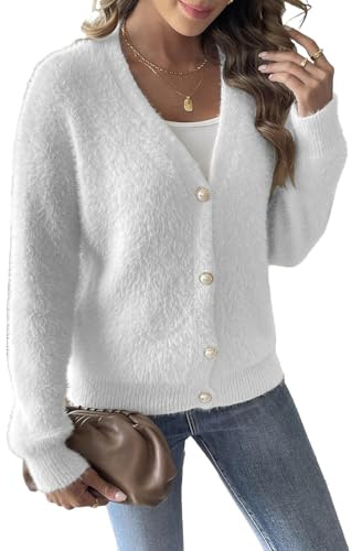 Gilet Femme Duveteux Col V Manches Longues Boutonné Pull Tricoté Hiver Tendance Manteau
