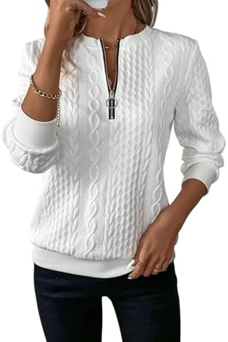 Sukiglam Felpa Donna Senza Cappuccio Mezza Zip Scollo a V Maglione a Maniche Lunghe in Maglia Treccia Elegante Pullover Casual Camicia Moda Felpe Tinta Unita Base Top Autunno Inverno
