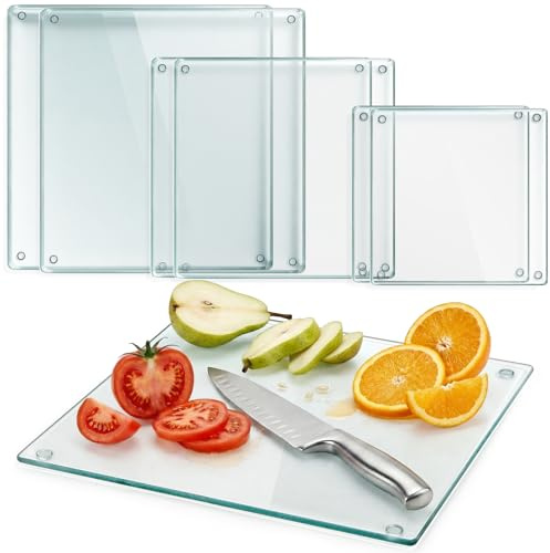 Hacaroa 6 Pack Tempered Glass Cutting Board for Kitchen, 8/10/12 Inch Square Chopping Board with Rubber Feet, Clear Non-slip Countertop Protector Pallette Mat, Heat Resistant, Easy to Clean, 3 Sizes