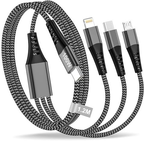 100W Cable USB C a Multi Cable de Carga Rapida 1.2M, 3 en 1 cable Multiple Universal con cable USBC a USBC/Lightning/Micro Cabo Tipo C Lightning para iPhone 17/16/15/14/X/8,MacBook,Google Pixel,Galaxy