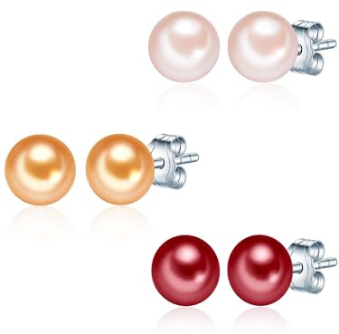 Valero Pearls Damen-Perlenohrringe 3er Set Süßwasser Zuchtperle rosa pink orange 925 Sterling Silber - Perlenohrstecker Ohrstecker Süßwasserperlen