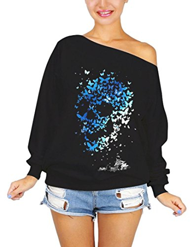 Langarmshirts Damen Kolylong®Frauen Vintage Drucken Trägerlos Langarm Bluse Herbst Winter Elegant Sweatshirt Schulterfreie Pullover Freizeit T-Shirt Tops Oberteile (M, Schwarz)