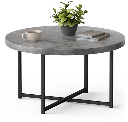 VonHaus Coffee Table for Living Room - Round Grey Concrete Look Living Room Table - Modern Style with Black Powder Coated Metal Legs - For Lounge with 80cm Diameter, Mosley
