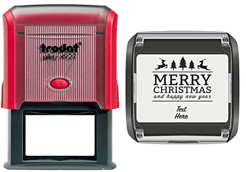 Trodat 4927 Personalised Christmas Card Message/Label Self Inking Rubber Stamp Christmas Tree Reindeer & Merry Christmas and Happy New Year in Black Ink with 2 Lines of Customised Text