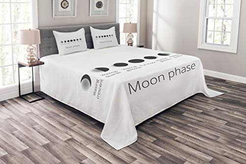 ABAKUHAUS Mond Phase Tagesdecke Set, Astronomie Infografik, Set mit Kissenbezügen Sommerdecke, für Doppelbetten 220 x 220 cm, Maulwurf Grau Dunkelgrau