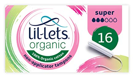 Lil-Lets Organic Non-Applicator Super Tampons, 16 Count (Pack of 1), for Medium to Heavy Flow, Made with 100% Cotton, GOTS Certified, Vegan Tampons, No Plastic Period Care