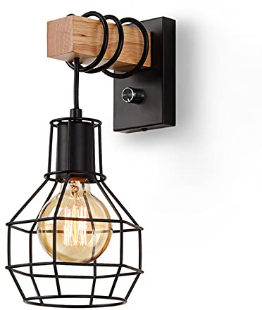 Glighone Wandleuchte Innen Vintage Dimmbar Wandleuchte mit Schalter Schwarz Industrial Wandlampe Retro aus Metall und Holz E27 für Treppenhaus Flur Cafe Bar Restaurant Wohnzimmer (Ohne Leuchtmittel)