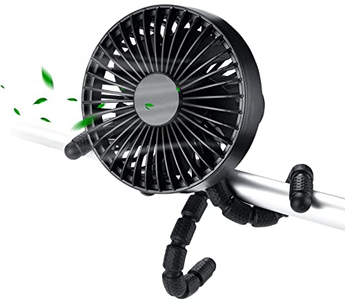 Ventilador de Cochecito Portatil, ventilador de cochecito flexible con clip de trípode, mini ventilador portátil 3 velocidades ajustables, Recargable ultra silencioso ventilador de escritorio (Negro)