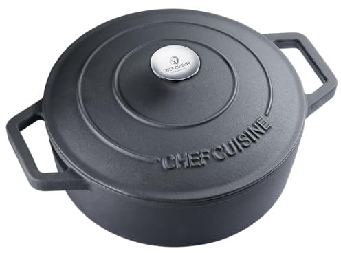 CHEF CUISINE Schmorpfanne 28 cm Gusseisen, hoher Rand, 4,5 L Fassungsvermögen, inklusive Deckel mit Edelstahl Griff, Induktionsgeeignet, Antihafteffekt