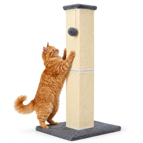YULOYI 32 Tall Cat Scratching Post for Large Indoor Cats & Kittens, Cat Scratcher with Extra Large Stable Base and Natural Sisal, Sturdy Cat Scratch Post to Protect Furniture & Couch, Grey