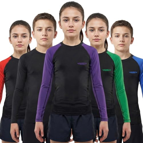 Exxact Sports Kids BJJ Rash Guard Long Sleeve, Ranked No Gi Jiu Jitsu Compression Shirt for Boys & Girls for MMA, Wrestling - (Black/Purple, YM)