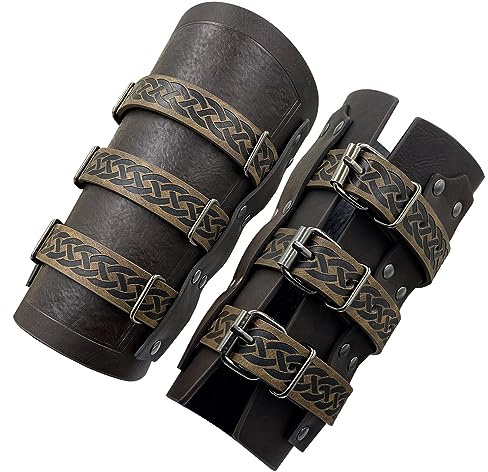 Medieval Buckle Fastening Arm Guards,Retro Faux Leather Bracers,Renaissance Gauntlet Wristband for Halloween LARP Mercenary Knight (Brown)