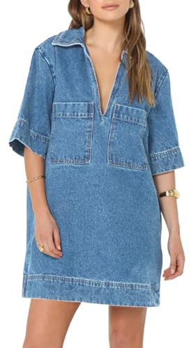 Fisoew Womens Denim Shirt Dress Summer Collared V Neck Mini Casual Jean Dresses with Pockets Light Blue