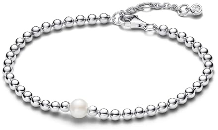 PANDORA Timeless Bracciale Beaded in argento Sterling con perla coltivata d'acqua dolce trattata bianca e zirconia cubica trasparente, 20