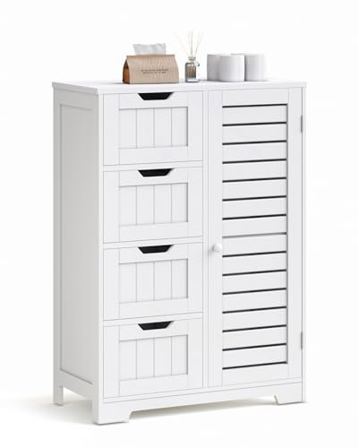 Mondeer Bathroom Floor Cabinet, Wooden Freestanding Storage Unit with 4 Drawers and 1 Louvered Door Adjustable, Shelf for Bathroom Living Room Kitchen Hallway, 56 x 30 x 83 cm, White