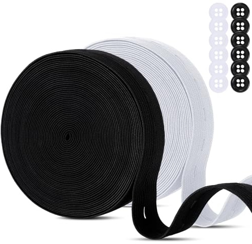 2 Rotoli Nero Bianco Elastico di Cucito di Asole ad Elevata Elasticità, 20mm x 14m Fettuccia Fascia Elastica in Tessuto, Nastro Elastico da Cucire con Fori Pulsanti per Vestiti Premaman Jeans
