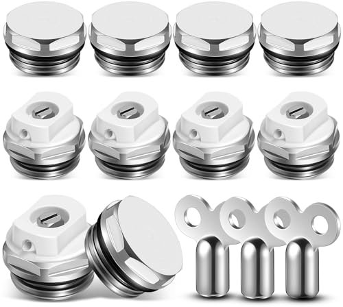 Gulfmew 5 Heizkörper Entlüftungsventile 5 Blindstopfen mit 3 Entlüftungsschlüssel für Heizkörper 1/2 Zoll Entlüftungsventil aus Vernickelt Messing Manueller Heizkörperstopfen Heizungsventil Abluftdüse