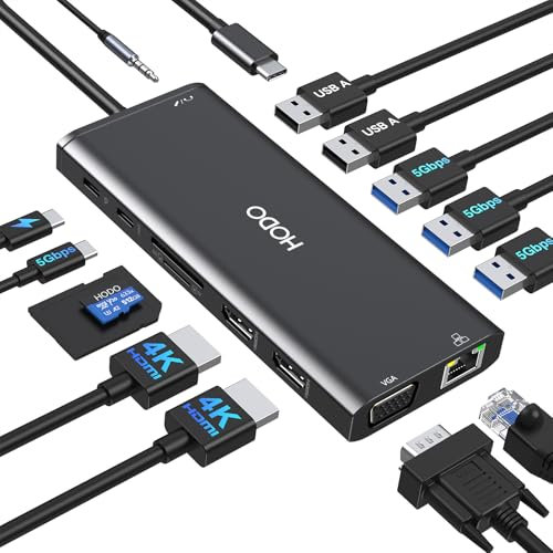 Dockingstation USB-C 2 Monitore, Laptop Docking Station Triple Display 14 in 1, USBC Hub Adapter mit 2 HDMI, VGA, Ethernet, PD, USB C Data, 5 USB, SD TF Kartensteckplatz, Audio(Schwarz)