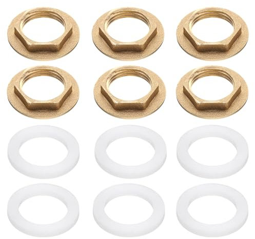 sourcing map 6 dadi di bloccaggio in ottone, raccordi per tubi, dado esagonale femmina BSP da 1/2 pollici, flangia a foro singolo, dado di bloccaggio per rubinetto con rondella in silicone per lavello