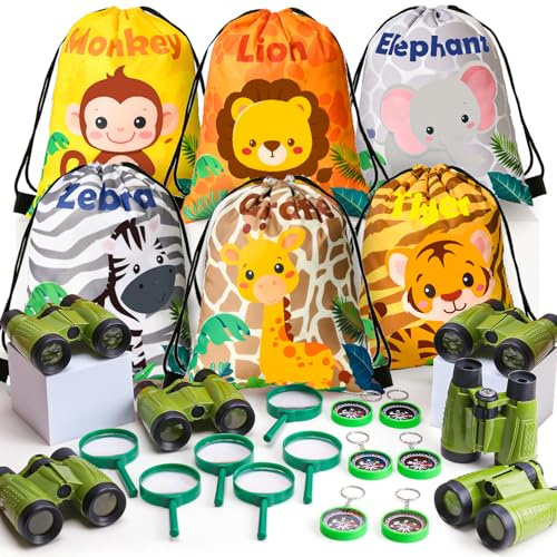 Toyssa Jungle Animaux Cadeau Anniversaire Enfants Invités avec Sac à Cordon Jumelles Enfant Loupe Boussole, Animaux de la Jungle Pinata Anniversaire pour Fille Garçon Party Faveurs pour Enfant
