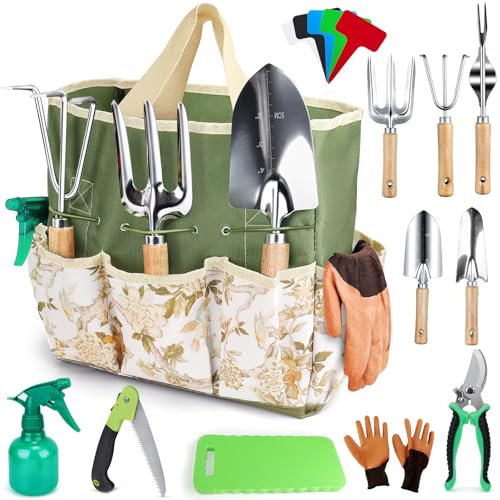 Juego de Herramientas para Jardín 12 Piezas, Acero Inoxidable Kit Jardineria, Bolsa Herramientas, Tijeras Podar, Pala Jardinería, Guantes, con Mango de Madera, Regalos para Mujer y Hombres