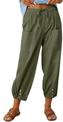 Joligiao Pantalones Mujer Verano Lino Algodón Pantalones de Lino Mujer con Bolsillos Cordón Elástico Ajustable Pierna Ancha Diseño Bohemio Frescos Ligeros Pantalón Verano para Playa y Ocasiones