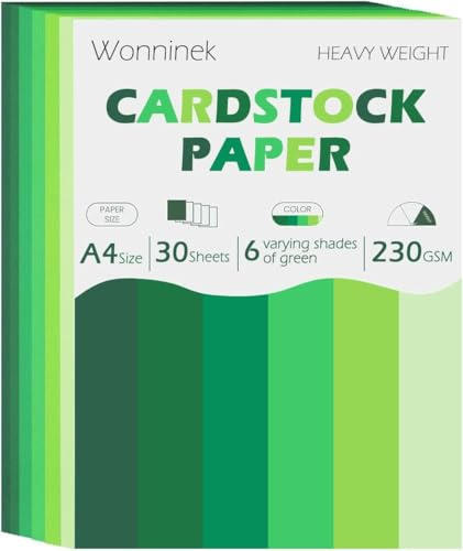 Wonninek 30 ark kartong papper A4 storlek 38,6 kg/230 GSM gradvis förändring grön 6 färger kort lager byggpapper för scrapbook skola kontor utskrift gör-det-själv hantverk korttillverkning
