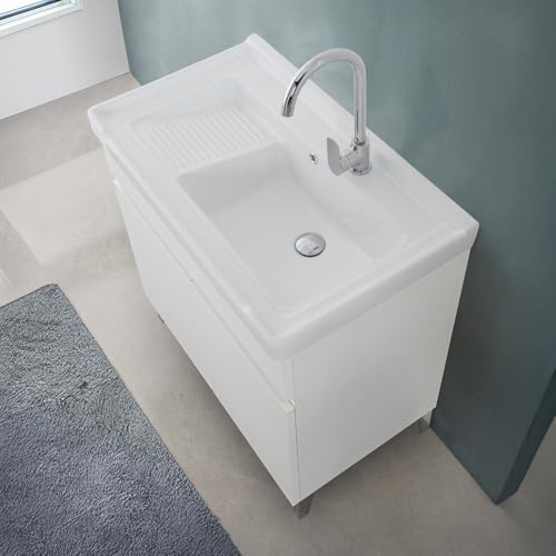 Mobile Lavatoio 79x46,8 Cm Bianco Frassinato Con Vasca In Ceramica Dotata Di Zona Strofinatoio, Struttura Già Montata In Legno Nobilitato Con 2 Ante Apribili A Gola