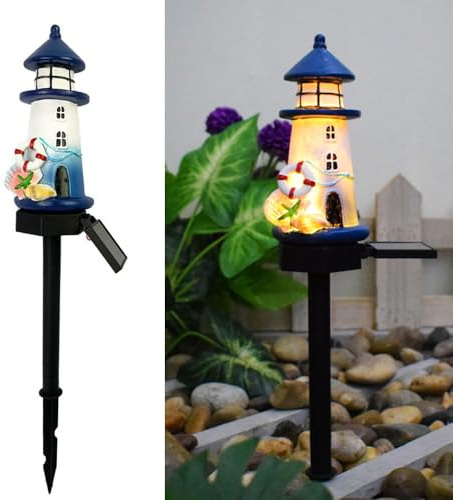 YZYOE Solar Blue and White Lighthouse Atmosphere Lights, Garden and Courtyard Decoration Resin Cute House Floor Lamp, Wireless Dusk to Dawn LED Lights Waterproof.